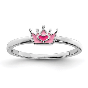 Sterling Silver Rhodium-plated Polished Pink Enamel Crown Children's Ring - QR-B61ACE32-1752