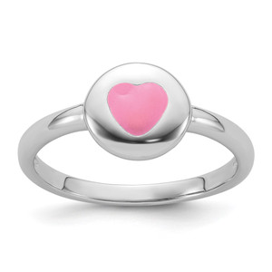 Sterling Silver Rhodium-plated Polished Pink Enamel Heart Children's Ring - QR-44EC7FEF-7740