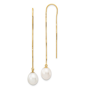 14k 7-8mm White Rice Freshwater Cultured Pearl Box Chain Threader Earrings - XF-B7898492-2713