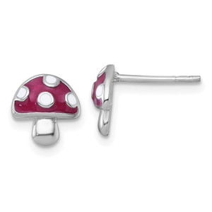 Sterling Silver Rhodium-plated Polished Red and White Enameled Mushroom Post Earrings