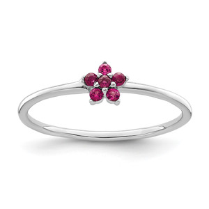 Sterling Silver Rhodium-plated Polished Red CZ Flower Ring - QR-78B1E23C-7814