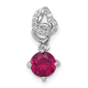 Sterling Silver Rhodium-plated Polished Round Lab Created Ruby and CZ Dangling Heart Chain Slide Pendant