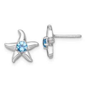 Sterling Silver Rhodium-plated Polished Round Light Swiss Blue Topaz Starfish Post Earrings