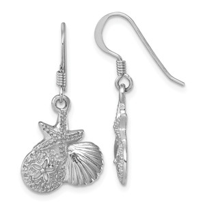 Sterling Silver Rhodium-plated Polished Starfish, Sand Dollar & Shell Dangle Earring