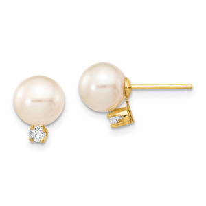 14k 7-8mm White Round Freshwater Cultured Pearl and .10 Carat Diamond Post Earrings