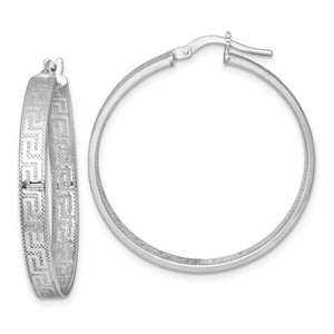 Sterling Silver Rhodium-plated Polished Textured In and Out Greek Key 4.00 x 33mm Hoop Earrings