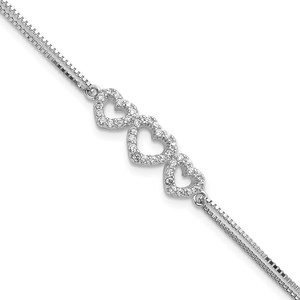 Sterling Silver Rhodium-plated Polished Three Linked CZ Open Hearts 7 inch Bracelet with 1 inch extension