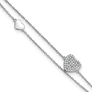 Sterling Silver Rhodium-plated Polished Two-Strand CZ Hearts 9 Inch Plus 1 Inch Extension Anklet