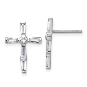 Sterling Silver Rhodium-plated Polished White Baguette CZ Cross Post Earrings