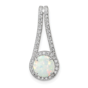 Sterling Silver Rhodium-plated Polished White Opal & CZ Halo Pendant