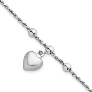 Sterling Silver Rhodium-plated Puffed Heart Dangle and Beads 7 inch Rope Chain Bracelet