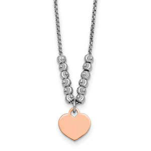 Sterling Silver Rhodium-plated Rose Gold-plated Heart Disc and Textured Beads 16 inch with 1 inch extension Necklace