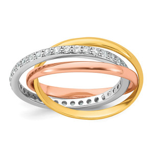 Sterling Silver Rhodium-plated Rose-tone and Gold-tone Polished CZ Intertwined Triple Band Size 7 Ring