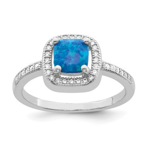 Sterling Silver Rhodium-plated Square Blue Created Opal CZ Ring - QR-200C3295-2995