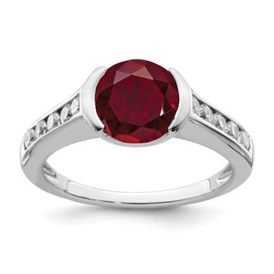 Sterling Silver Rhodium-plated Synthetic Ruby and CZ Bezel Ring - QR-3993ED7B-4612