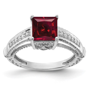 Sterling Silver Rhodium-plated Synthetic Ruby and CZ Ring - QR-A65CB9BE-1514