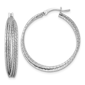 Sterling Silver Rhodium-plated Textured 31.0mm Crisscross Round Hoop Earrings