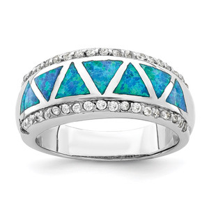 Sterling Silver Rhodium-plated Triangle Lab Created Blue Opal & CZ Ring - QR-9B0A8D76-9768