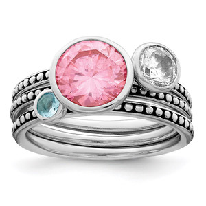 Sterling Silver Rhodium-plated w/Pink & White CZ and Blue Glass Ring Set - QR-4E7ACC6F-8993
