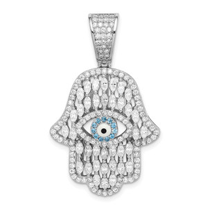 Sterling Silver Rhodium-plated White & Blue CZ Hamsa Eye Pendant