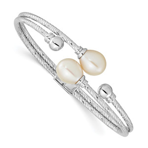 Sterling Silver Rhodium-plated White 8x10mm Teardrop Freshwater Cultured Pearl Hinged Bangle