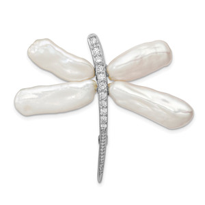 Sterling Silver Rhodium-plated White Baroque Freshwater Cultured Pearl and CZ Dragonfly Slide Pin