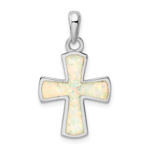 Sterling Silver Rhodium-plated White Lab Created Opal Cross Pendant - QC-E0956F0D-3426