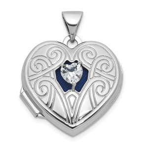 Sterling Silver Rhodium-plated White Topaz April Birthstone 18mm Heart Locket
