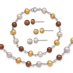 Sterling Silver Rhodium-plated White/Yellow/Brown Semi-Round Freshwater Cultured Pearl 18 inch Necklace/7.25 inch Bracelet/Button Post Earrings Set