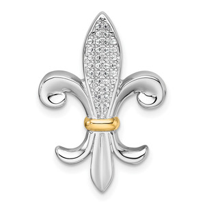 Sterling Silver Rhodium-plated with 14k Accent Polished CZ Fleur De Lis Chain Slide Pendant