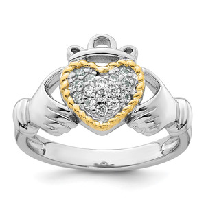 Sterling Silver Rhodium-plated with 14k Accent Polished CZ Size 8 Claddagh Ring - QR-2AC61AAA-8184