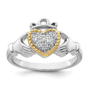 Sterling Silver Rhodium-plated with 14k Accent Polished CZ Size 8 Claddagh Ring - QR-90E793B1-4786