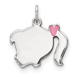 Sterling Silver Rhod-plate Pink Enamel Left Facing Girl Head Disc Charm - QM-25F5CB32-9130