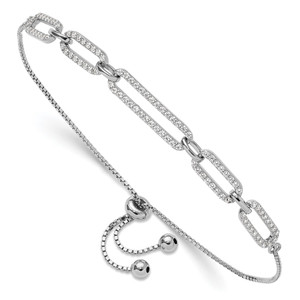 Sterling Silver Rhod-plated Paperclip Link CZ Adjustable Bracelet