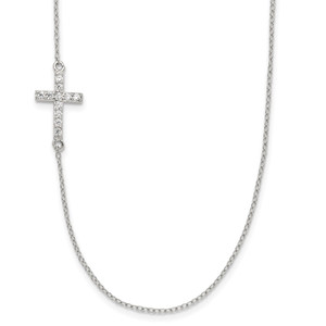 Sterling Silver Rhod-pltd CZ Offset Sideways Cross w/2in Ext Necklace - QG-06CC906E-4469
