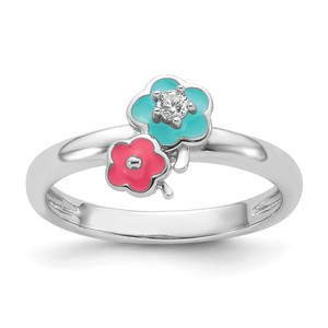 Sterling Silver RH-plated Blue/Pink Enameled & CZ Floral Children's Ring - QR-4A56267D-7347