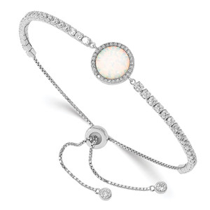 Sterling Silver RH-plated Created Opal and CZ Adjustable Bracelet - QG-78BAFF06-4649
