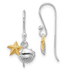 Sterling Silver RH-plated Flash Gold-plated Starfish & Shell Dangle Earring