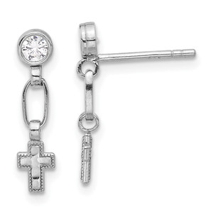 Sterling Silver RH-plated Polished & Textured CZ Cross Post Dangle Earrings