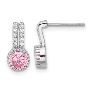 Sterling Silver RH-plated Polished Two Row Pink & White CZ Post Earrings