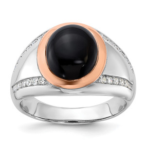 Sterling Silver RH-plated Rose Gold-plated Onyx and CZ Ring - QR-0A067A74-3571