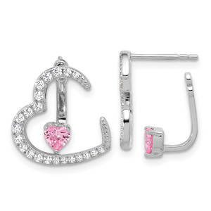Sterling Silver Rh-plated White and Pink CZ Heart w/ Jacket Post Earrings