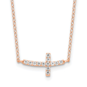 Sterling Silver Rose Gold-plated CZ Sideways Cross w/2in Ext Necklace - QG-FCEE4948-1044
