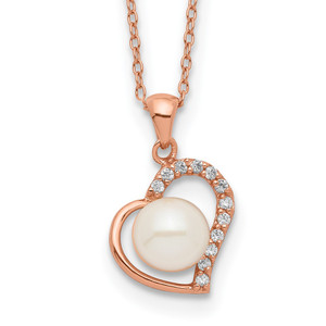 Sterling Silver Rose-tone 18k Flash Gold-plated 7-8mm Button Freshwater Cultured Pearl Heart 17 inch Necklace