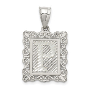 Sterling Silver Square Diamond-cut Letter P Initial Pendant