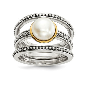 Sterling Silver w/14k Antiqued 8mm Button FWC Pearl Set of 3 Rings - QR-FA54FB67-7443