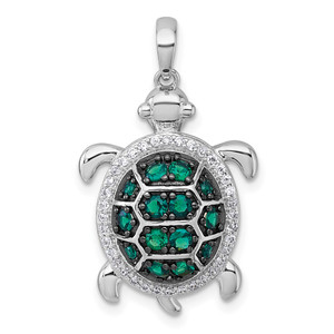Sterling Silver White and Black Rhodium-plated White and Green CZ Turtle Pendant