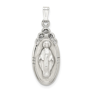 Sterling Silver White Epoxy & Crystal Miraculous Medal Pendant