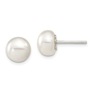 Sterling Silver White FW Cultured Pearl 9-10mm Button Earrings
