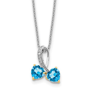 Sterling Silver/14k RH-plated Bl Topaz/Diamond Heart 18in w/2in ext Necklac